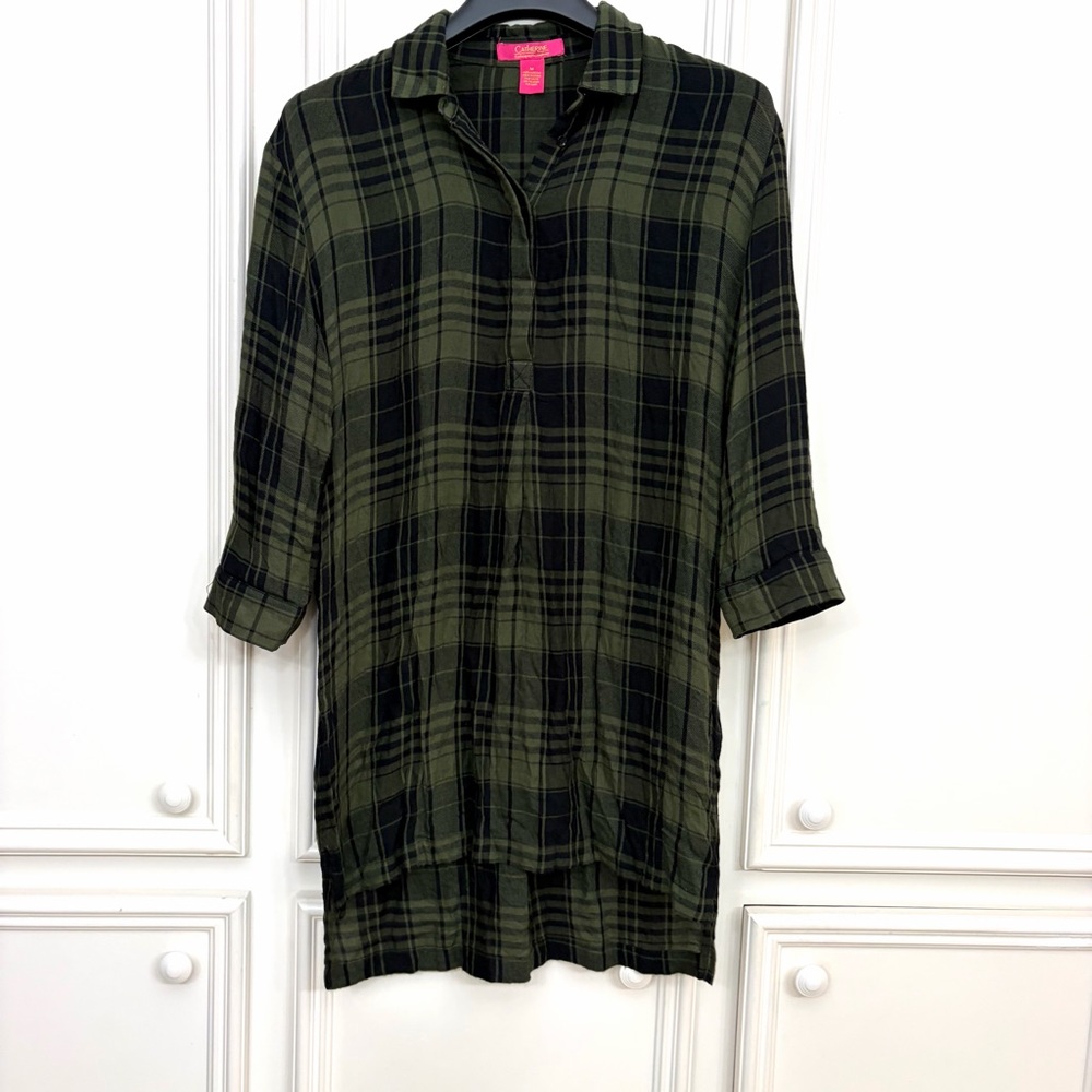 Catherine Malandrino Duster Tunic Shirt Dress Rayon Green Plaid Button-down SZ M